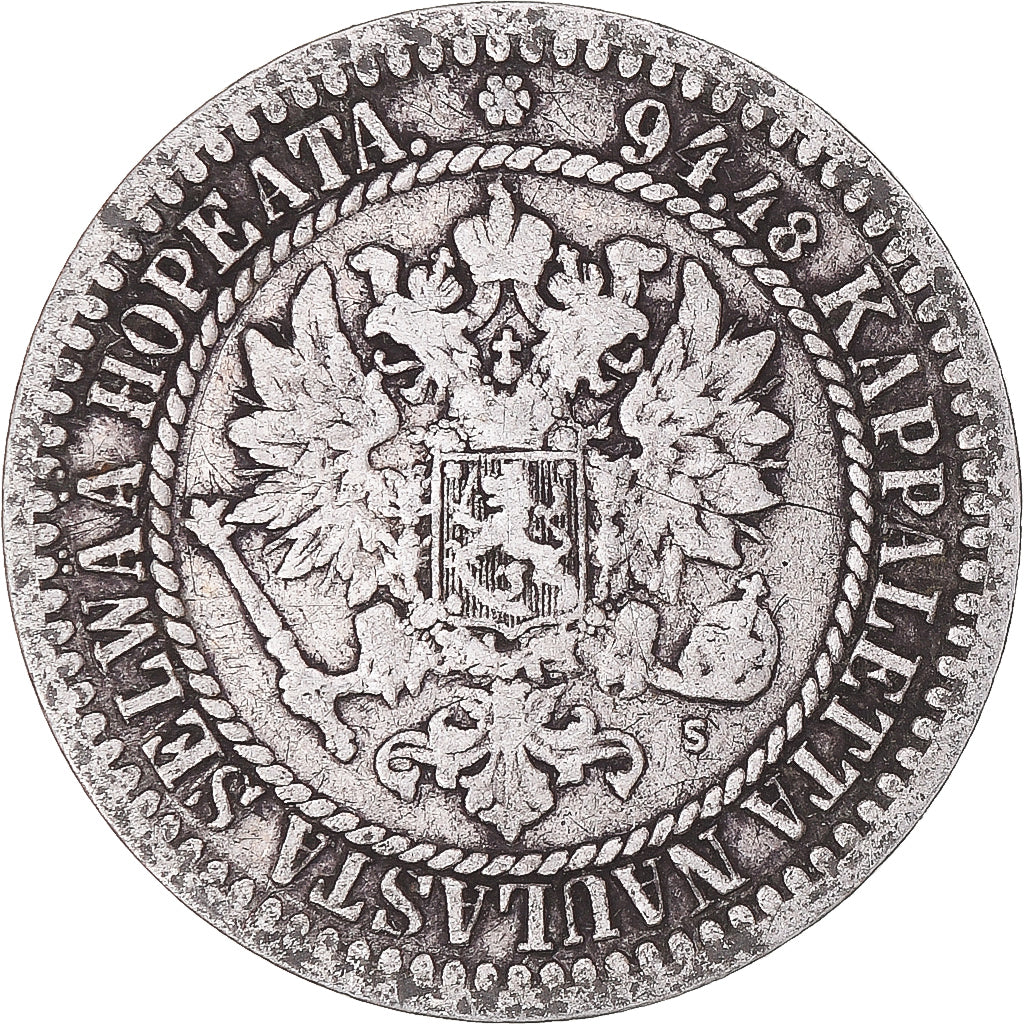 Moeda, Finlândia, Alexander II, Markka, 1865, Helsinki, VF(20-25), Prata