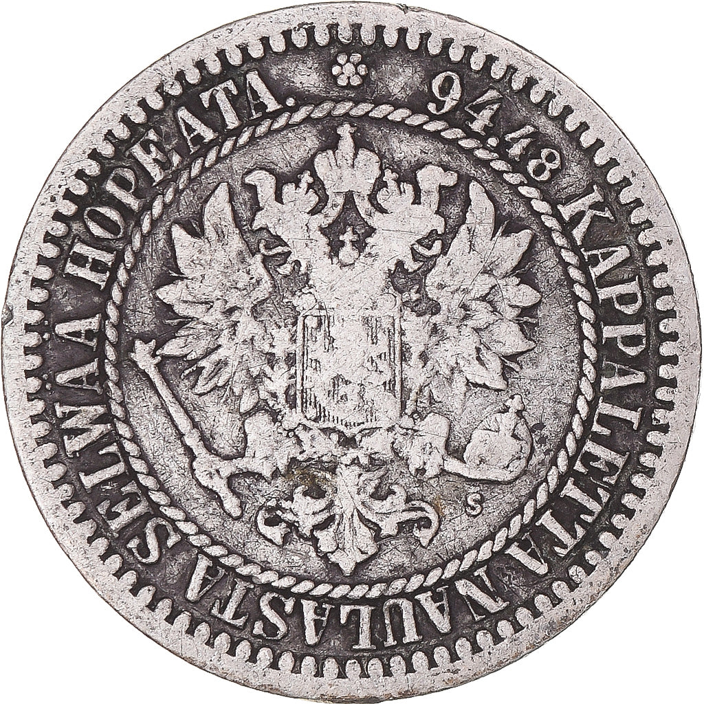 Coin, Finland, Alexander II, Markka, 1865, Helsinki, VF(20-25), Silver, KM:3.1