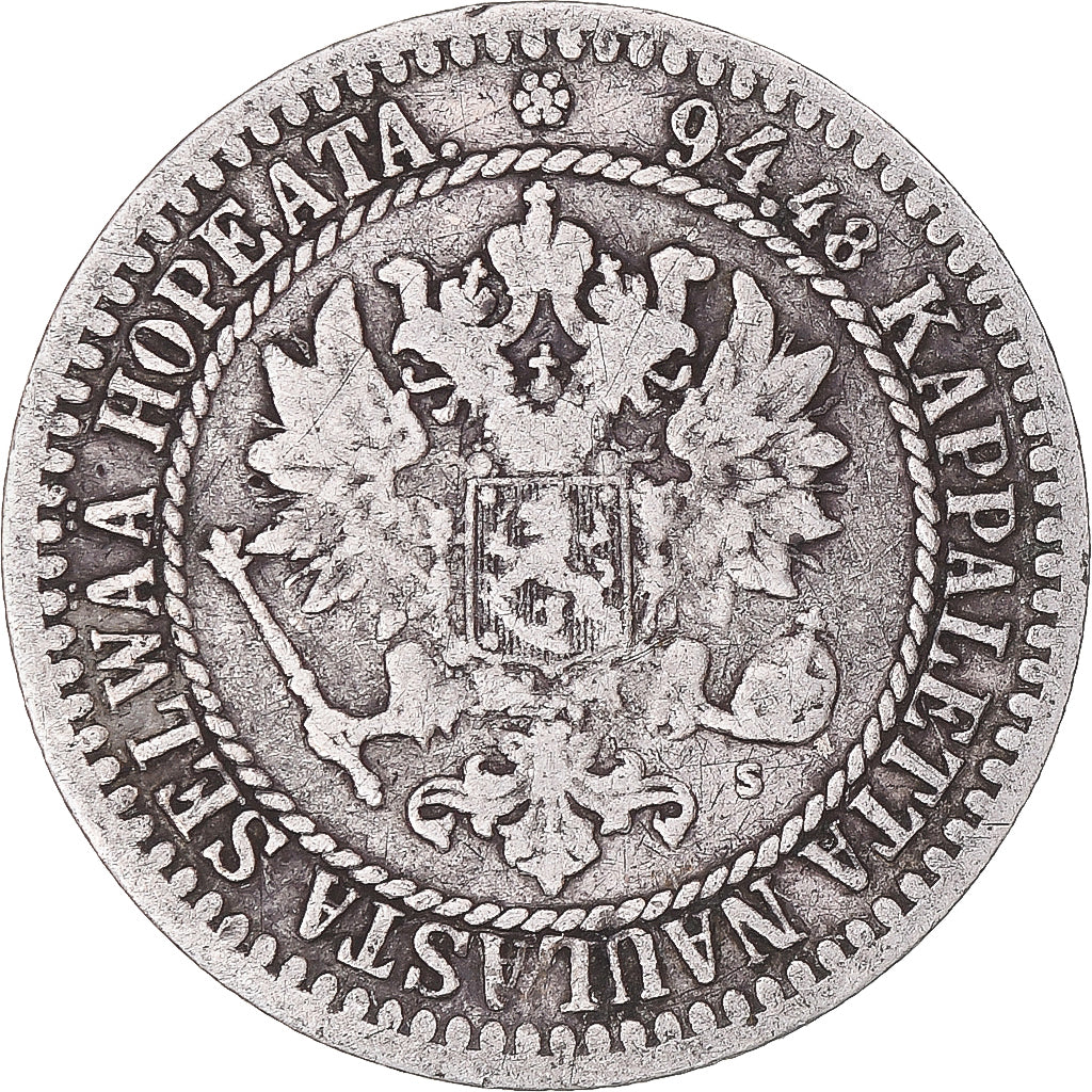 Moneda, Finlandia, Alexander II, Markka, 1865, Helsinki, BC+, Plata, KM:3.1