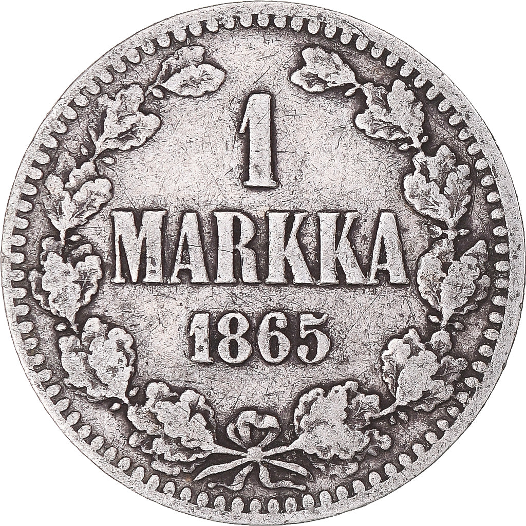 Moneda, Finlandia, Alexander II, Markka, 1865, Helsinki, BC+, Plata, KM:3.1