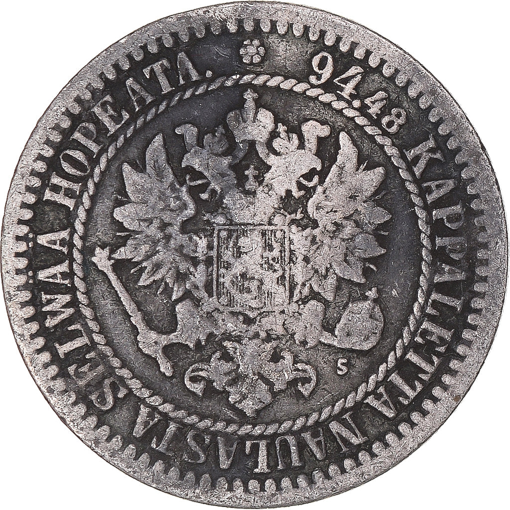 Coin, Finland, Alexander II, Markka, 1865, Helsinki, VF(20-25), Silver, KM:3.1