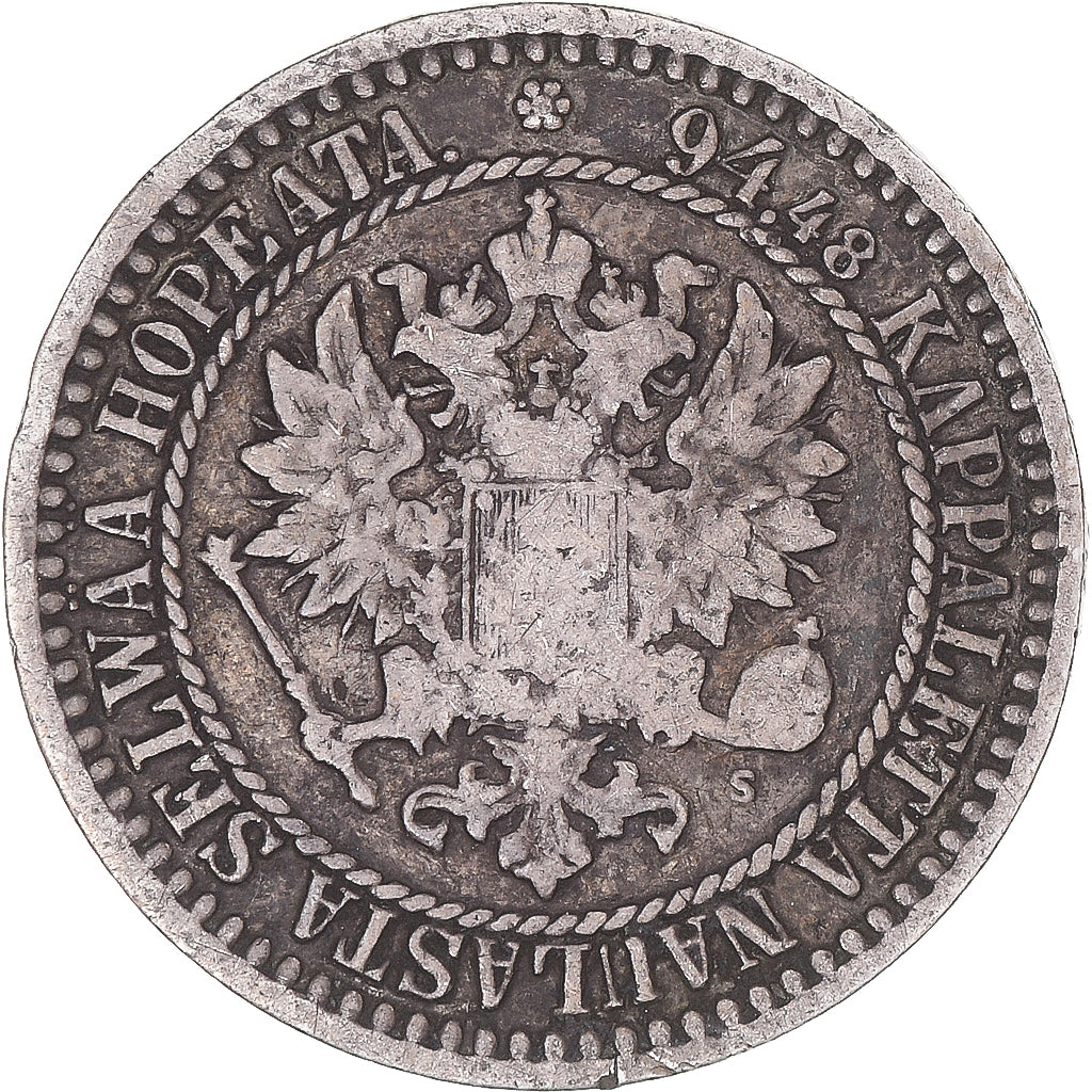 Moneta, Finlandia, Alexander II, Markka, 1866, Helsinki, MB+, Argento, KM:3.1