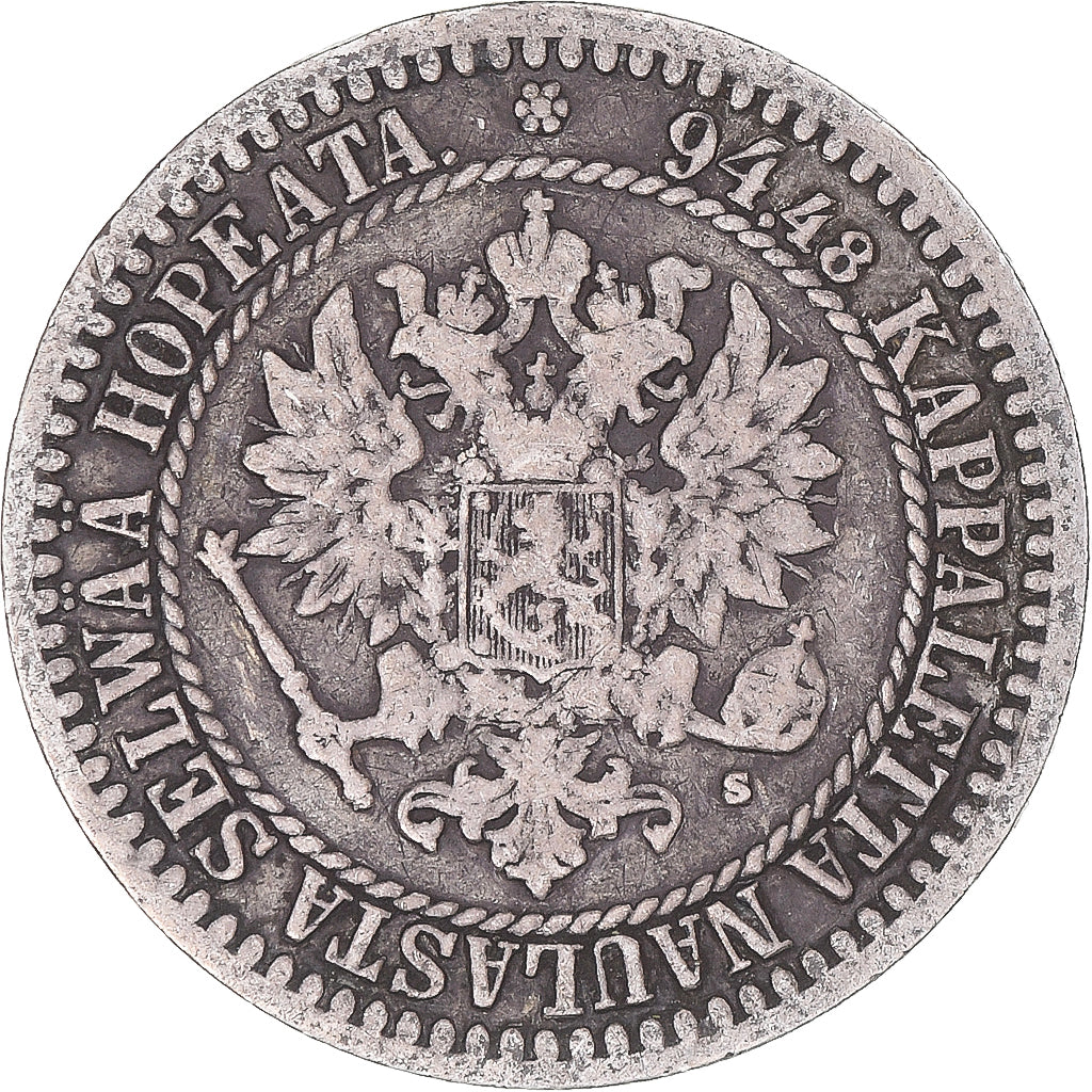 Moneda, Finlandia, Alexander II, Markka, 1865, Helsinki, MBC, Plata, KM:3.1