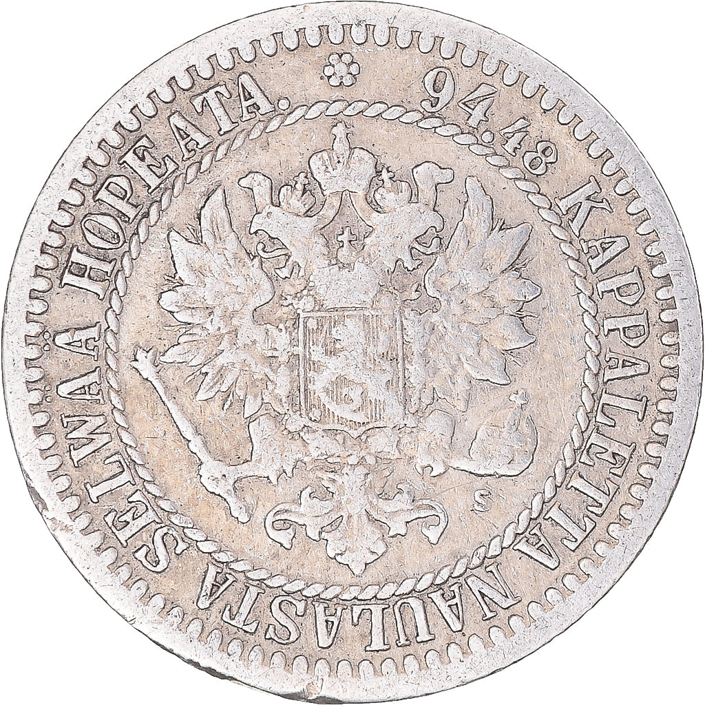 Moneta, Finlandia, Alexander II, Markka, 1865, Helsinki, MB+, Argento, KM:3.1