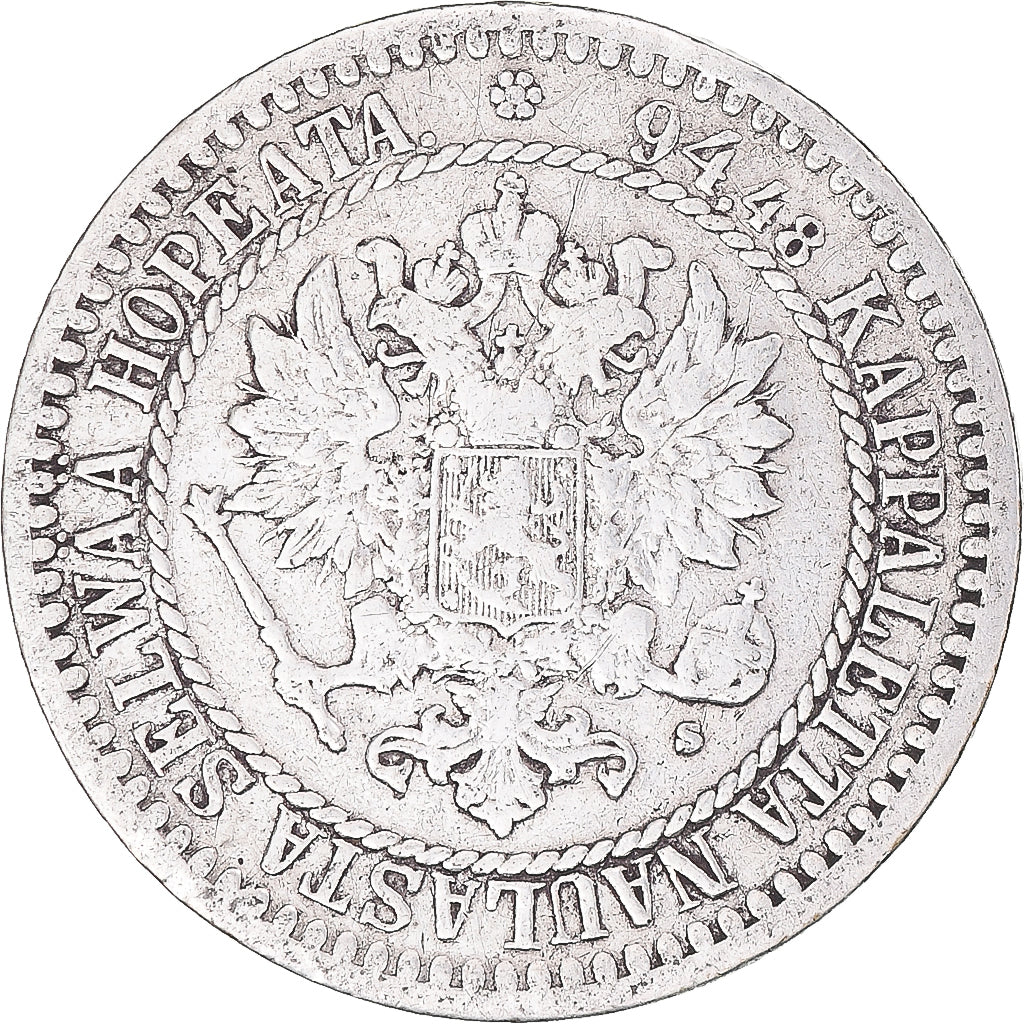 Moeda, Finlândia, Alexander II, Markka, 1865, Helsinki, VF(30-35), Prata