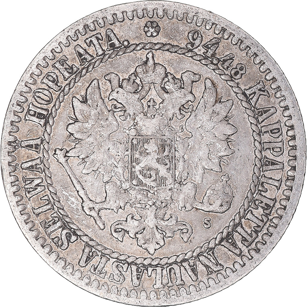 Moneda, Finlandia, Alexander II, Markka, 1865, Helsinki, BC+, Plata, KM:3.1