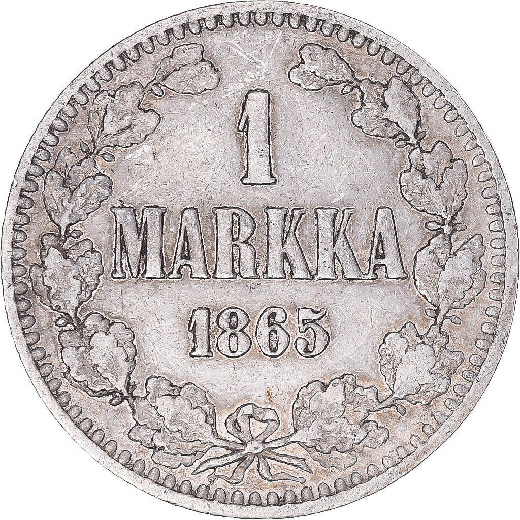 Moneda, Finlandia, Alexander II, Markka, 1865, Helsinki, BC+, Plata, KM:3.1