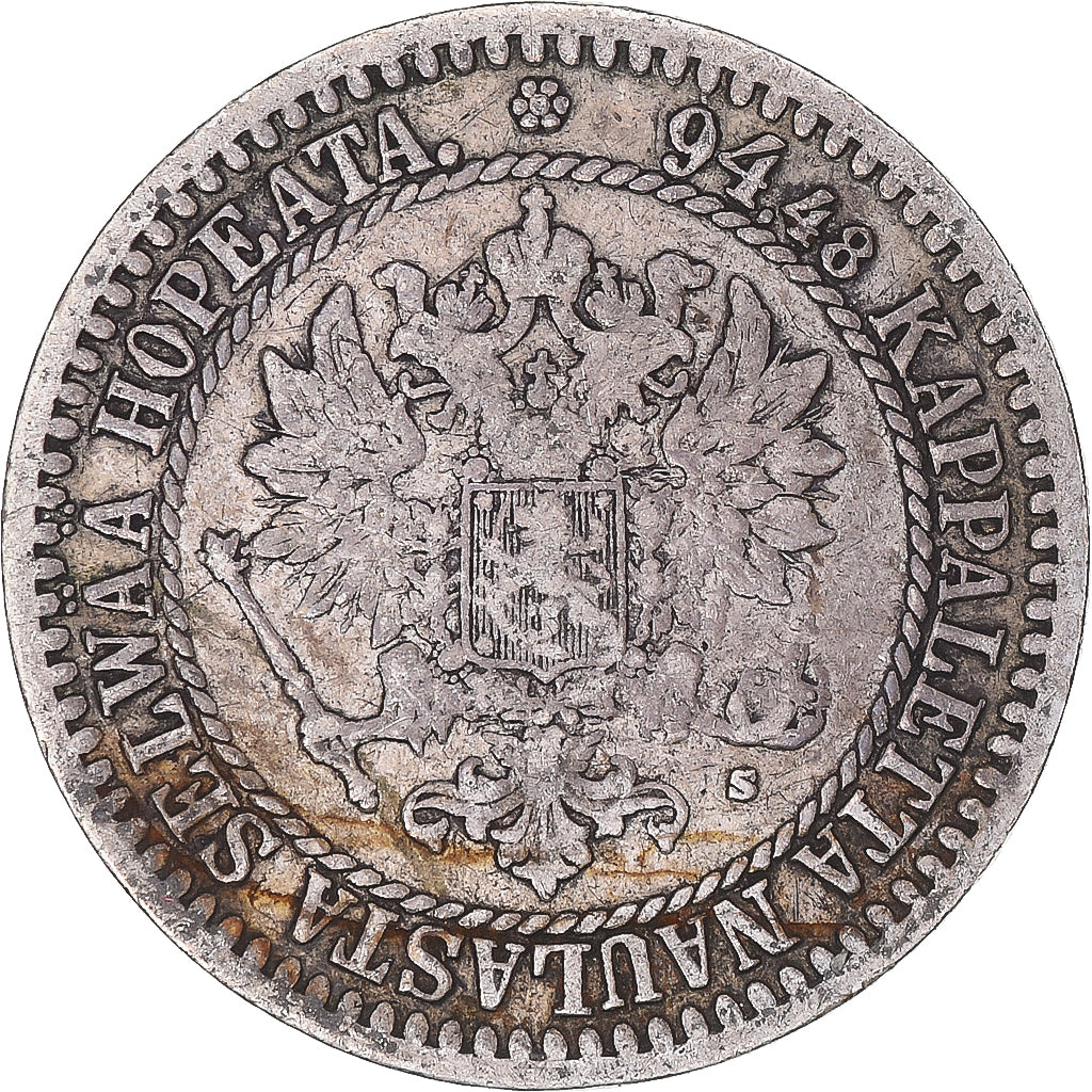 Moeda, Finlândia, Alexander II, Markka, 1865, Helsinki, VF(30-35), Prata