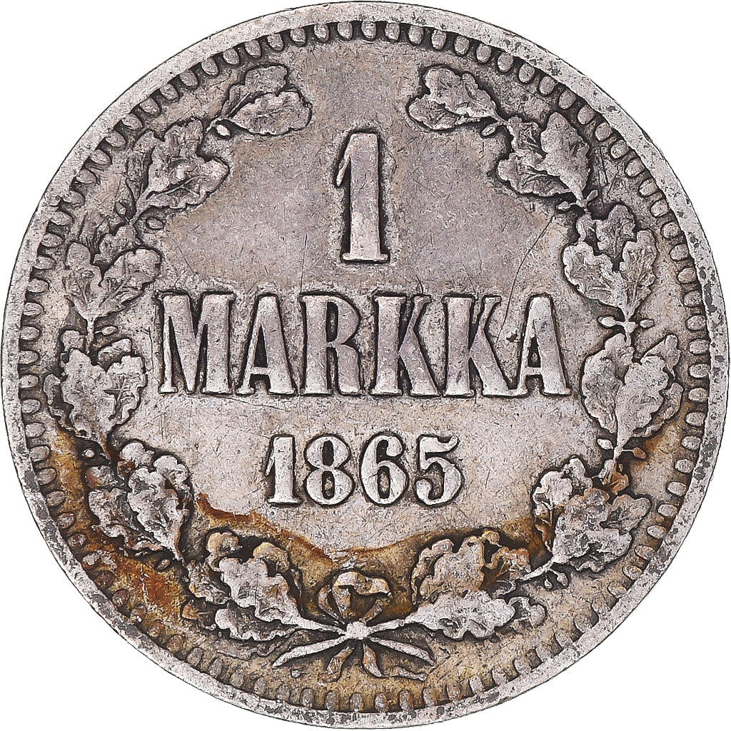 Moeda, Finlândia, Alexander II, Markka, 1865, Helsinki, VF(30-35), Prata