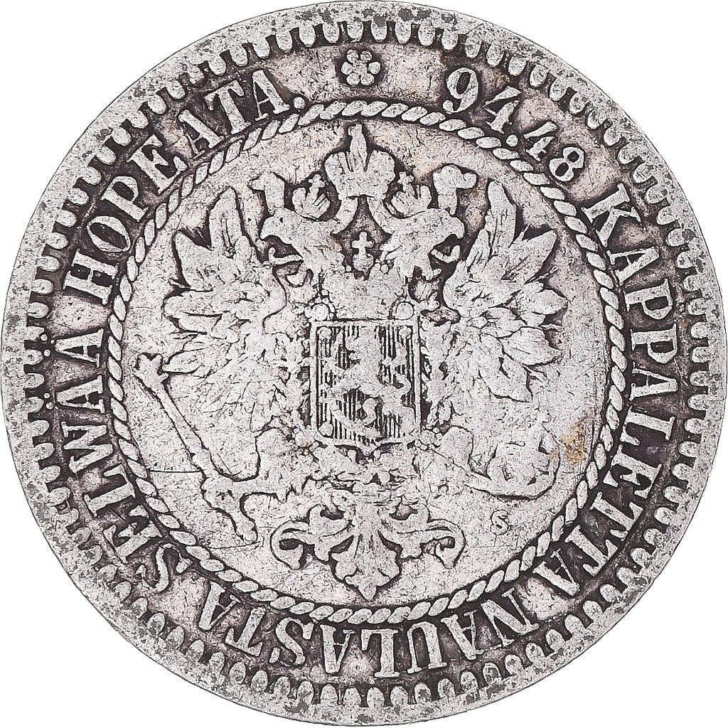 Moneta, Finlandia, Alexander II, Markka, 1865, Helsinki, MB+, Argento, KM:3.1