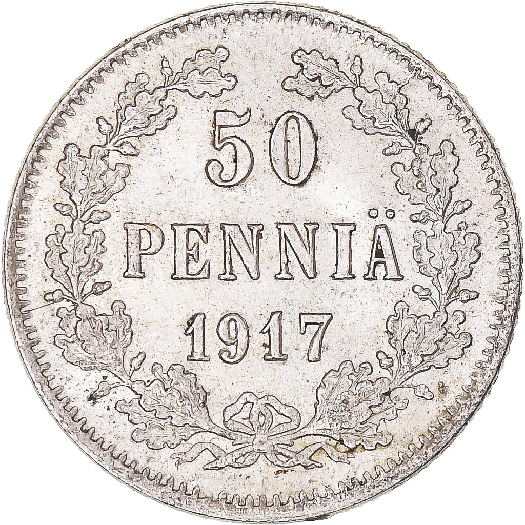Moneda, Finlandia, Nicholas II, 50 Penniä, 1917, Helsinki, MBC+, Plata, KM:2.2