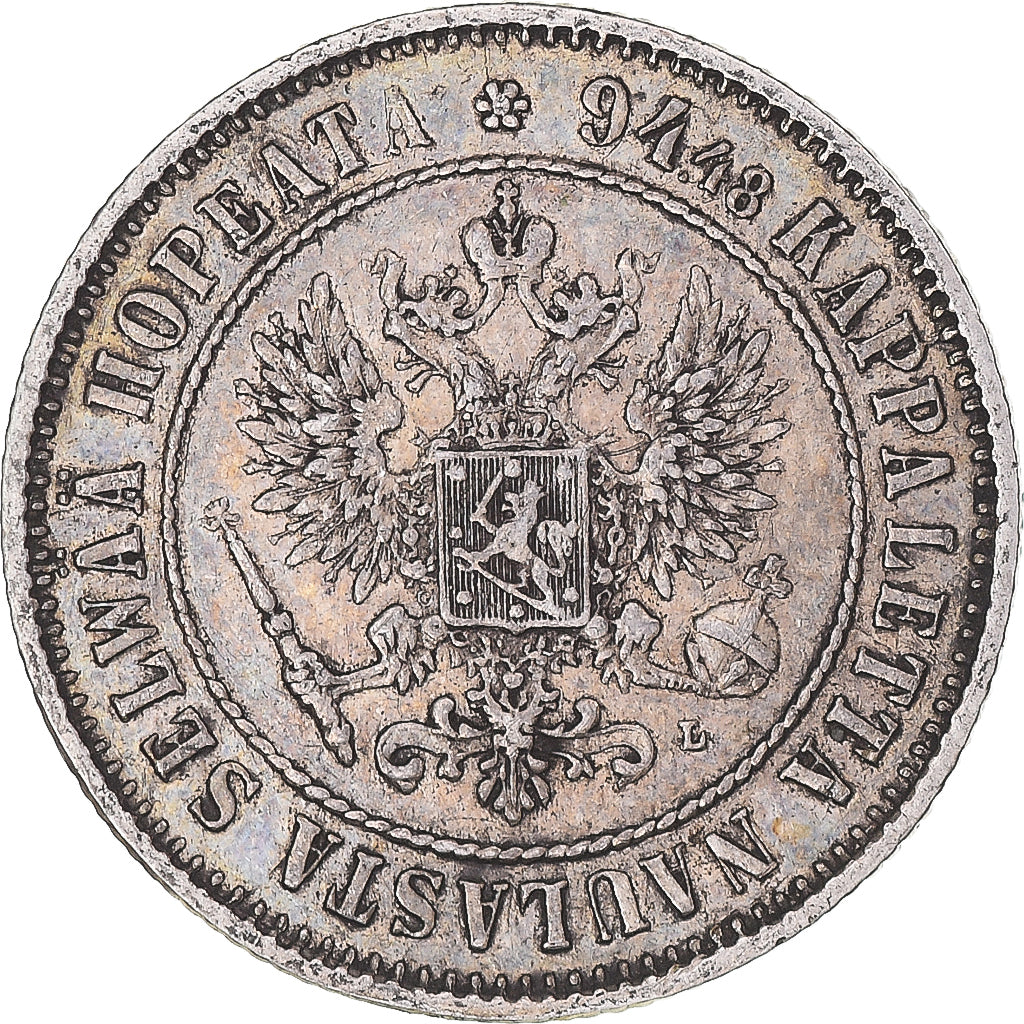 Moneda, Finlandia, Alexander III, Markka, 1890, Helsinki, MBC+, Plata, KM:3.2