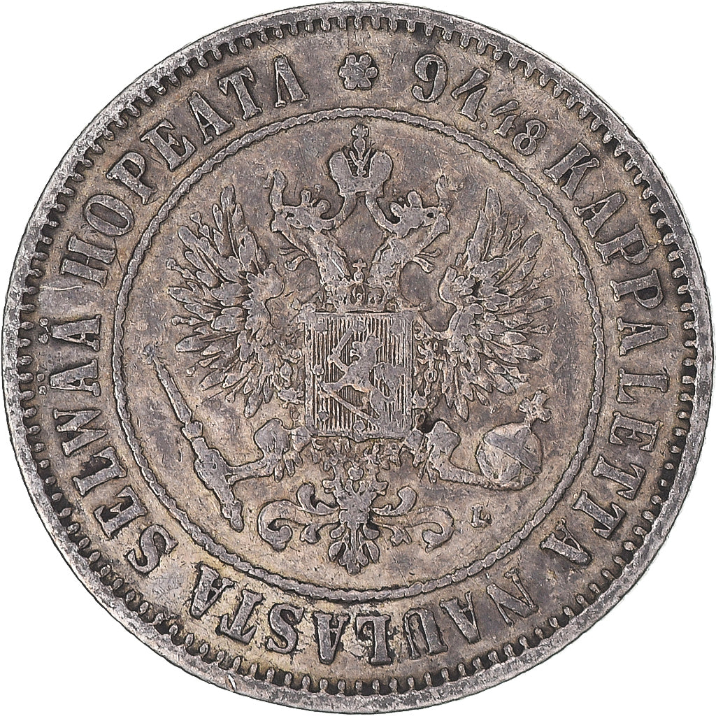 Moeda, Finlândia, Alexander III, Markka, 1890, Helsinki, VF(30-35), Prata