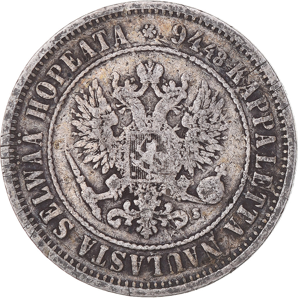 Moneda, Finlandia, Alexander II, Markka, 1874, Helsinki, BC+, Plata, KM:3.2