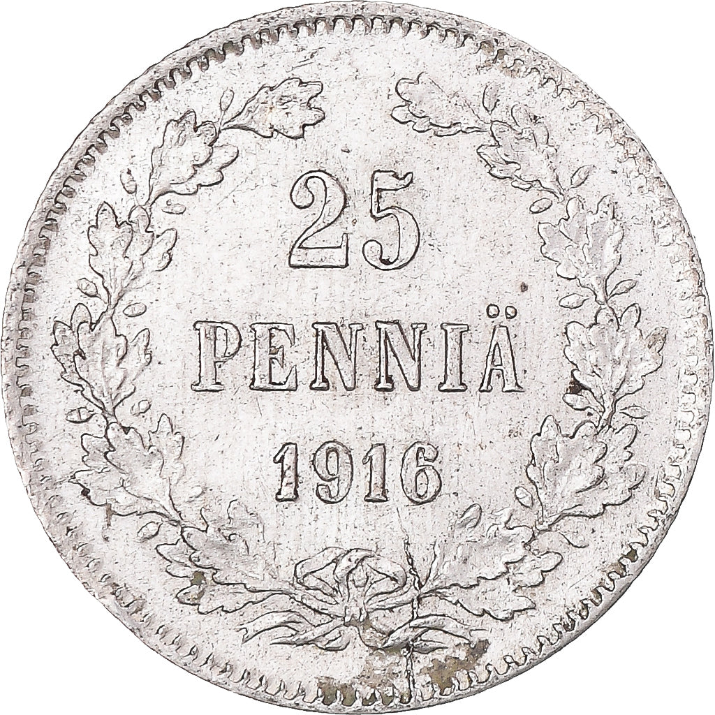 Moeda, Finlândia, Nicholas II, 25 Penniä, 1916, Helsinki, EF(40-45), Prata