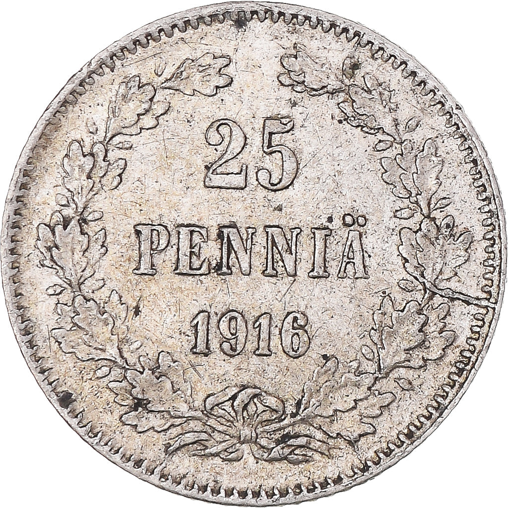 Moneta, Finlandia, Nicholas II, 25 Penniä, 1916, Helsinki, BB, Argento, KM:6.2