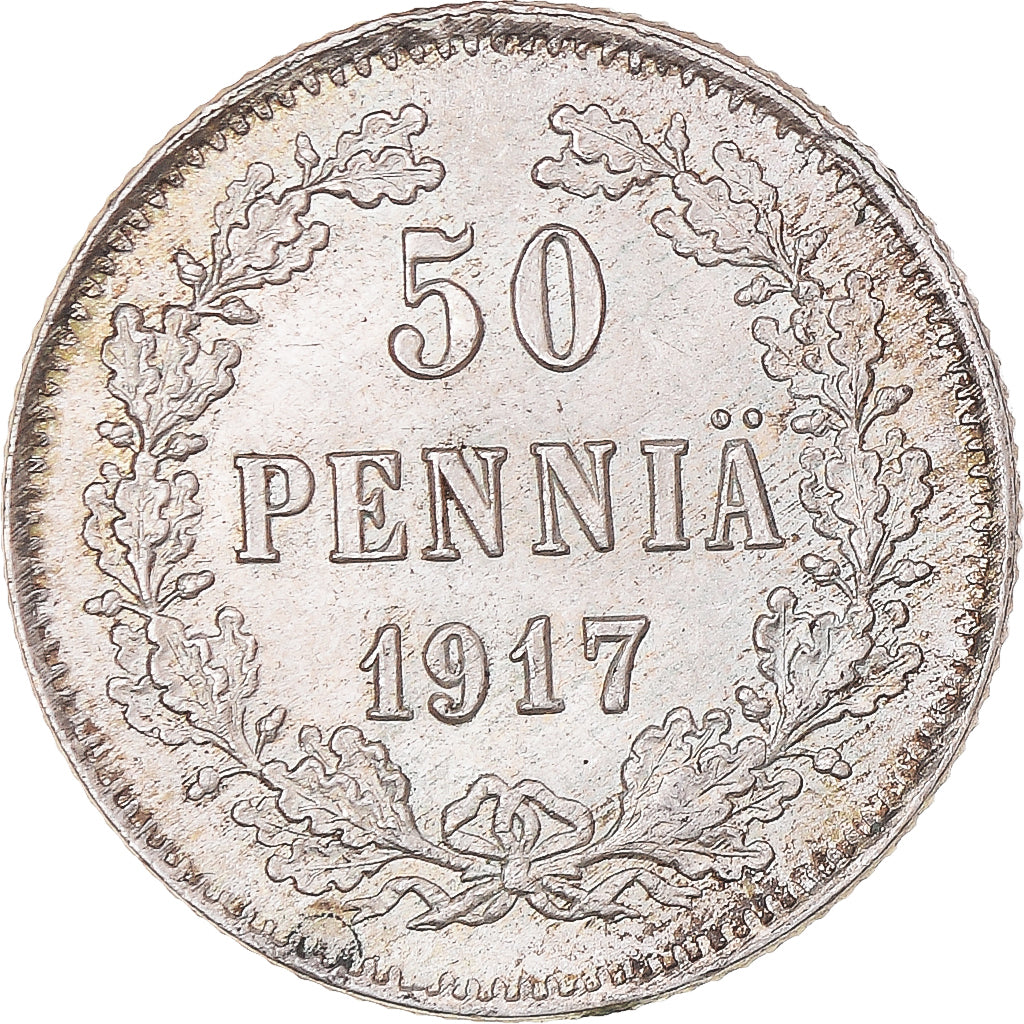 Moneta, Finlandia, Nicholas II, 50 Penniä, 1917, Helsinki, Civil War, SPL-
