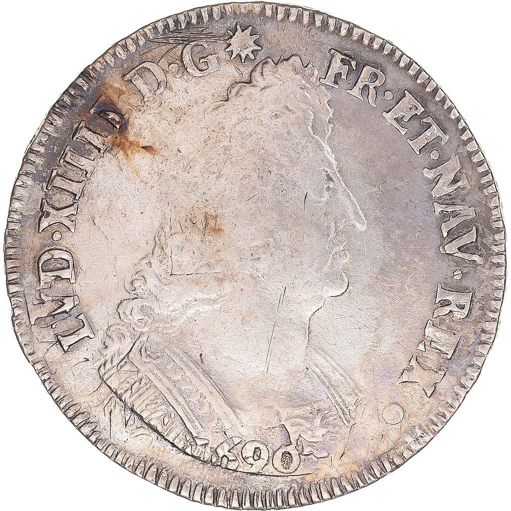 Moneda, Francia, Louis XIV, Ecu aux palmes, 1693, Reims, réformé, BC+, Plata