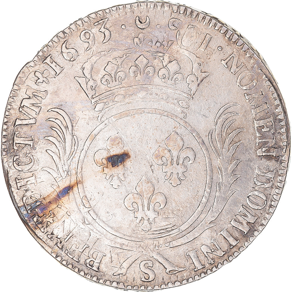 Moneda, Francia, Louis XIV, Ecu aux palmes, 1693, Reims, réformé, BC+, Plata