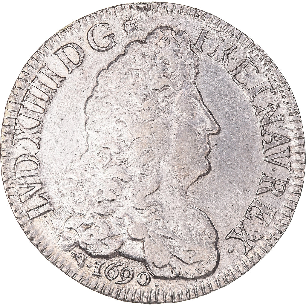 Moneda, Francia, Louis XIV, Ecu aux 8 L, 1690, Lyon, réformé, MBC, Plata
