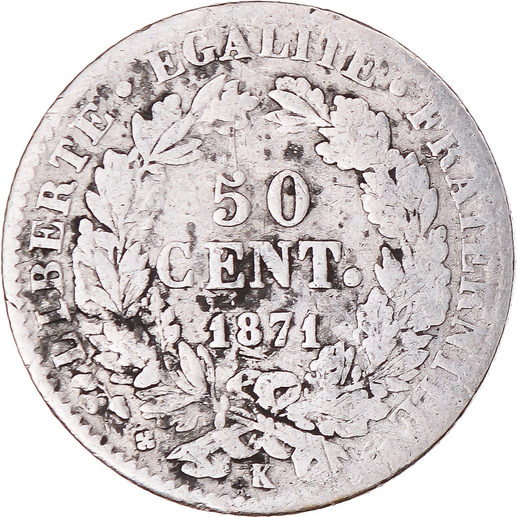 Münze, Frankreich, Cérès, 50 Centimes, 1871, Bordeaux, S, Silber, KM:834.2