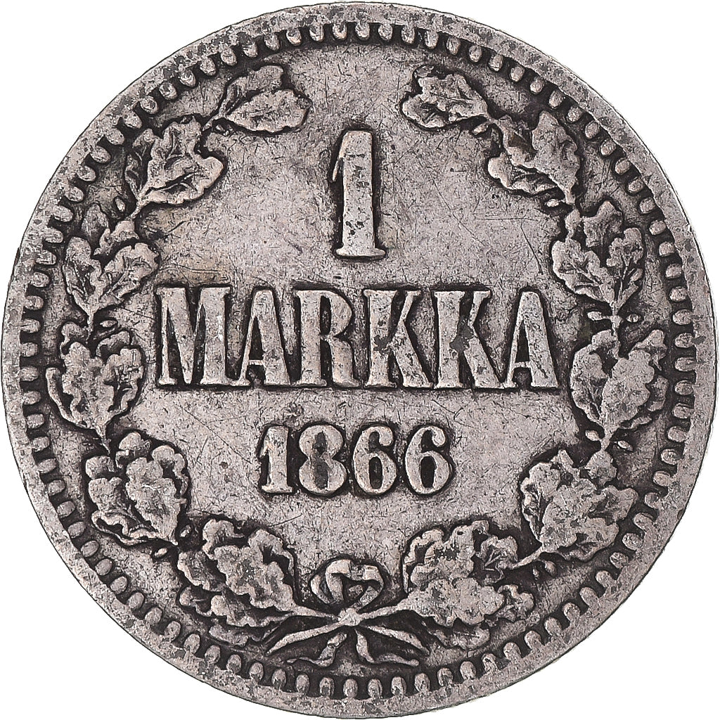 Moneta, Finlandia, Alexander II, Markka, 1866, Helsinki, MB+, Argento, KM:3.1