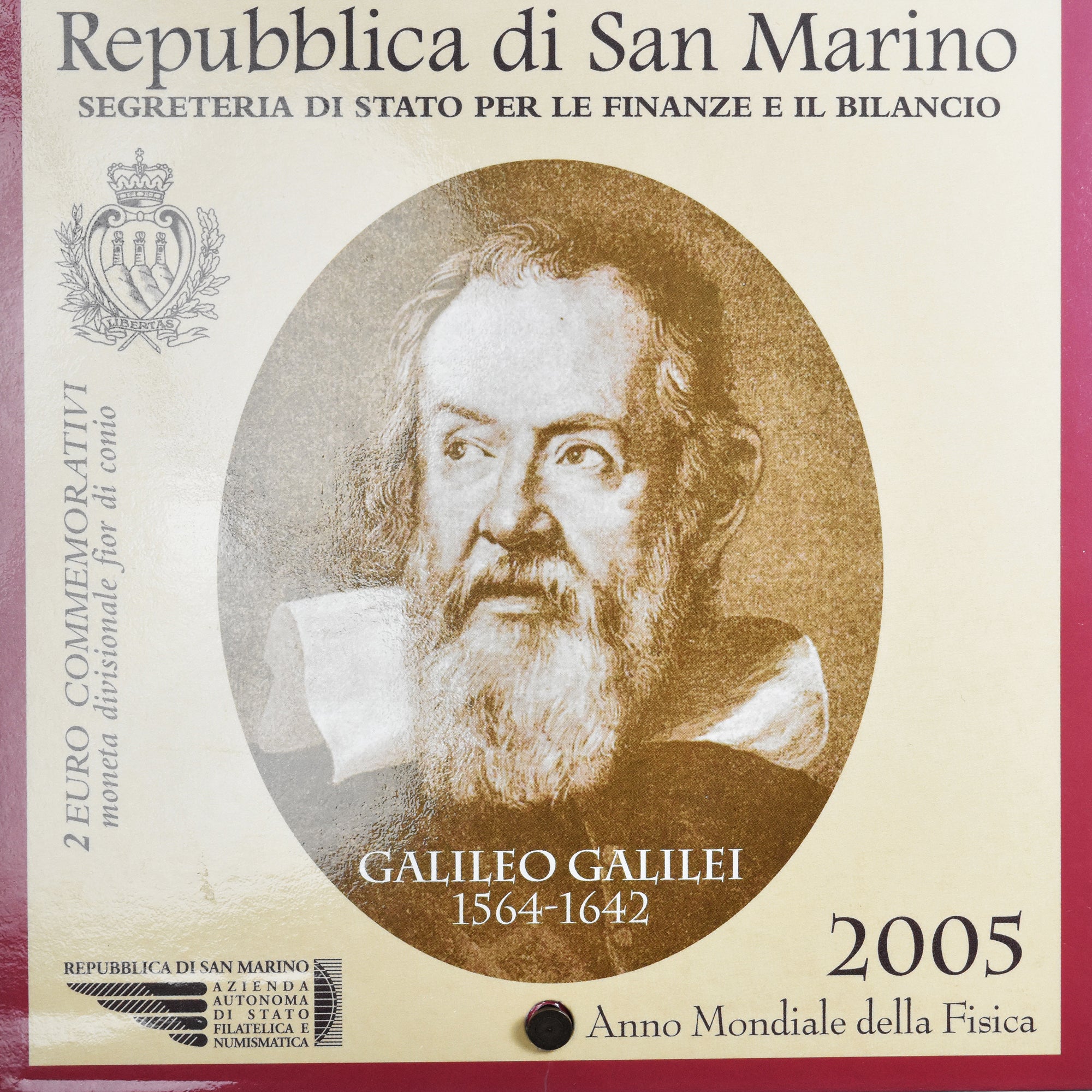 San Marino, 2 Euro, Galileo Galilei, 2005, FDC, MS(65-70), Bimetaliczny