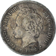 Monnaie, Espagne, Alfonso XIII, 5 Pesetas, 1892, Madrid, TTB, Argent, KM:700
