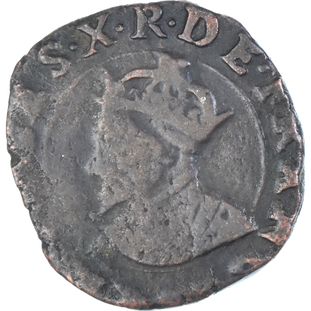 Moeda, França, Charles X, Double Tournois, 1590, Troyes, VF(20-25), Cobre