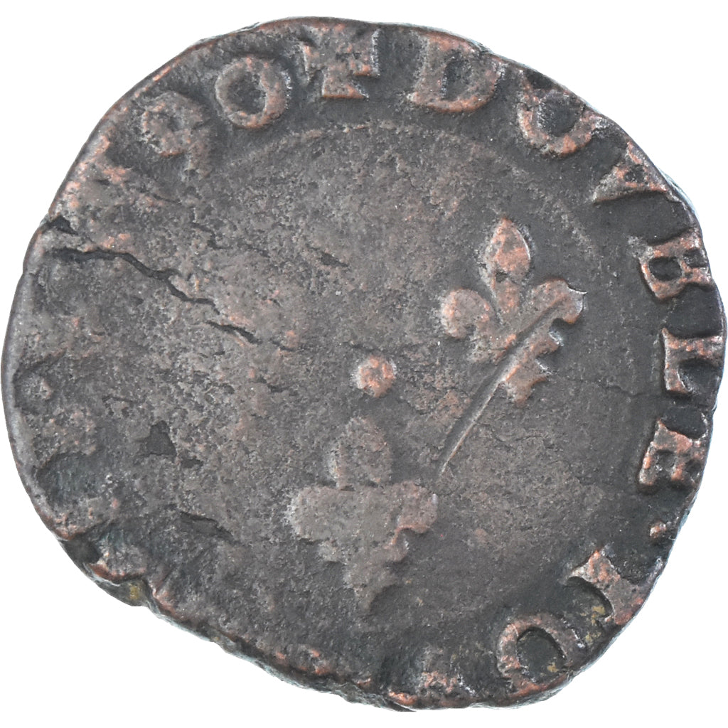 Moeda, França, Charles X, Double Tournois, 1590, Troyes, VF(20-25), Cobre