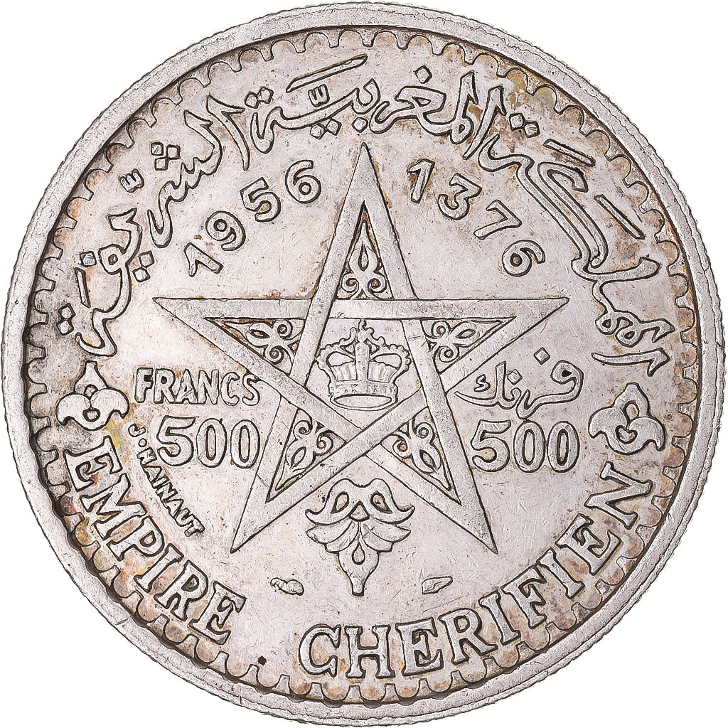 Coin, Morocco, Mohammed V, 500 Francs, 1956/AH1376, Paris, AU(50-53), Silver