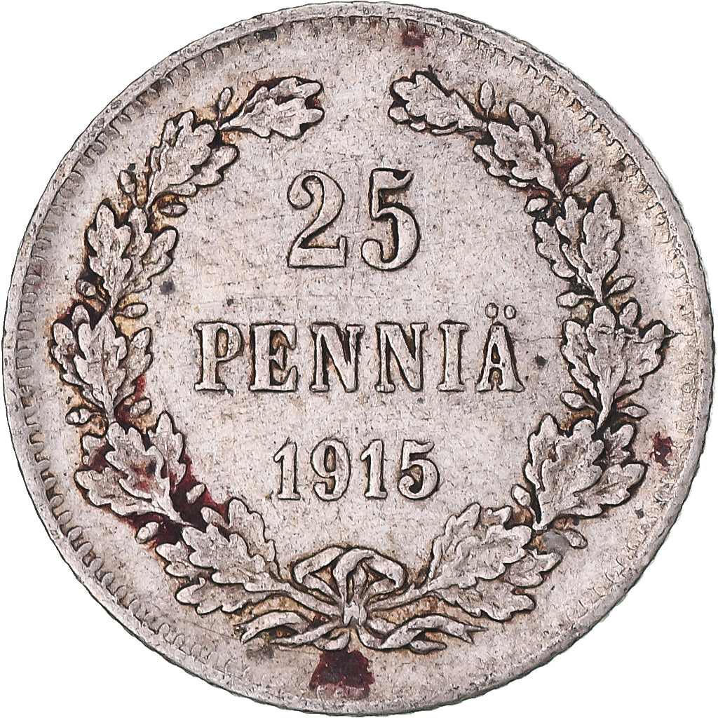 Moneda, Finlandia, Nicholas II, 25 Penniä, 1915, Helsinki, EBC, Plata, KM:6.2