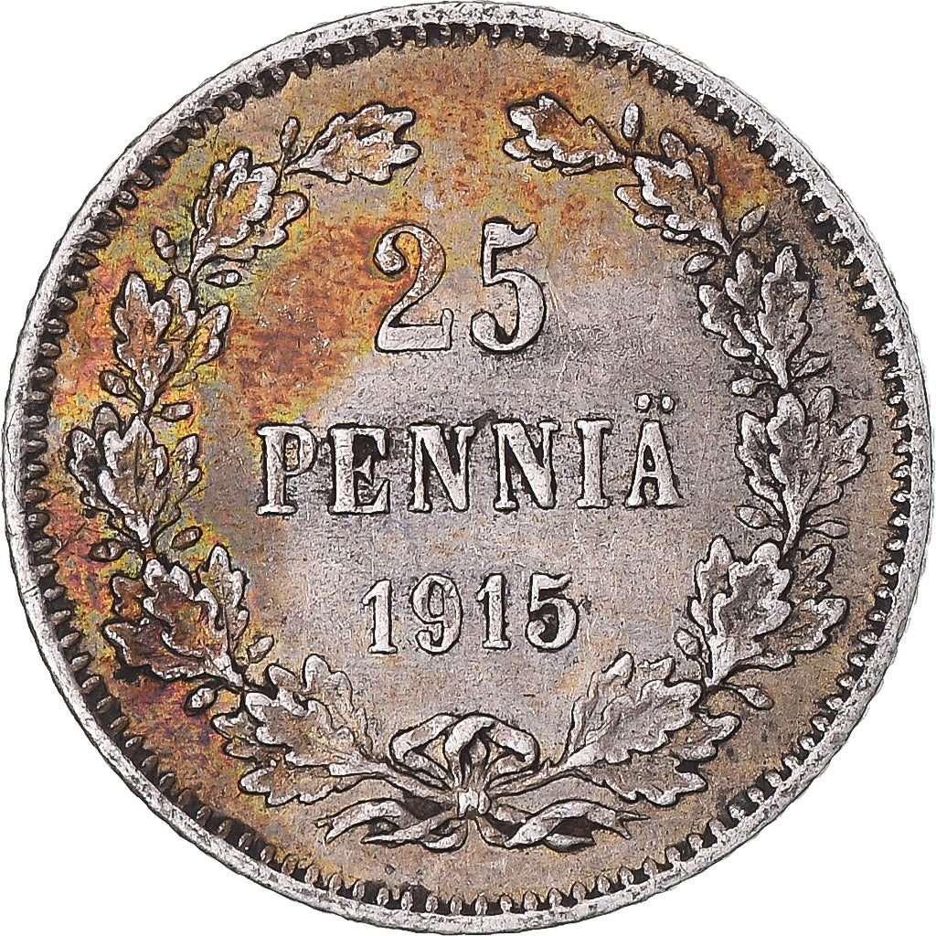 Moeda, Finlândia, Nicholas II, 25 Penniä, 1915, Helsinki, AU(55-58), Prata