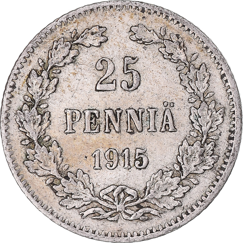 Moeda, Finlândia, Nicholas II, 25 Penniä, 1915, Helsinki, AU(55-58), Prata