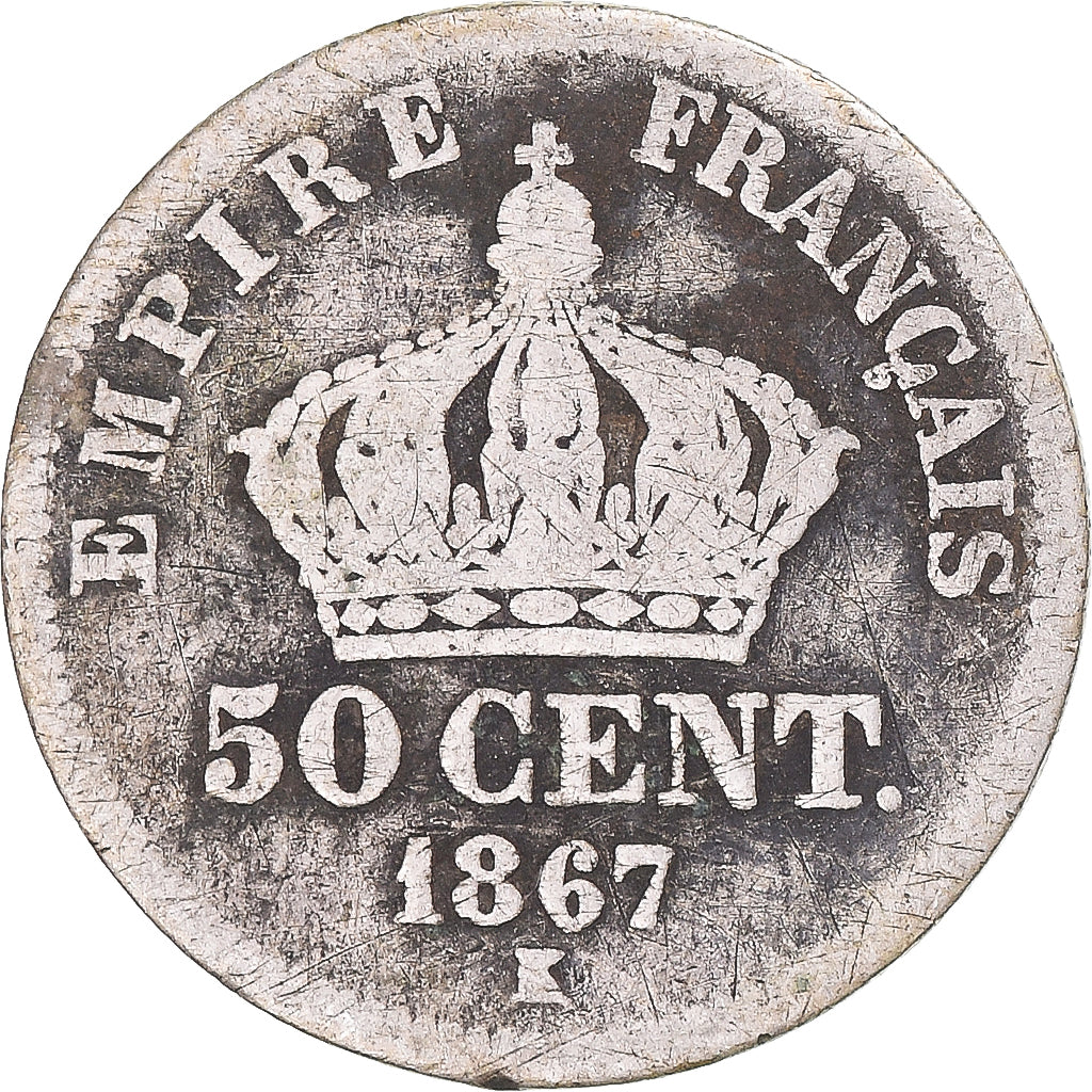 Munten, Frankrijk, Napoleon III, 50 Centimes, 1867, Bordeaux, FR, Zilver