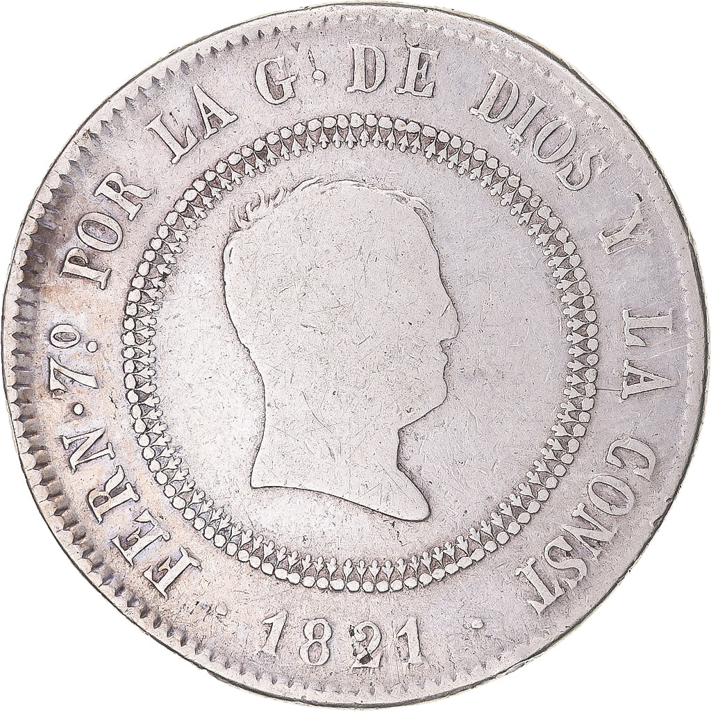 Moneda, España, Ferdinand VII, 10 Reales, 1821, Bilbao, BC+, Plata, KM:560.1