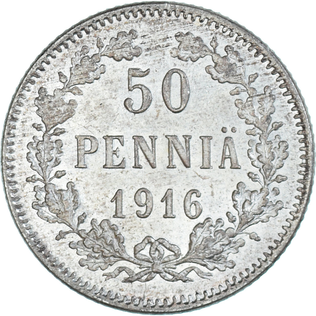 Moeda, Finlândia, Nicholas II, 50 Penniä, 1916, Helsinki, AU(55-58), Prata