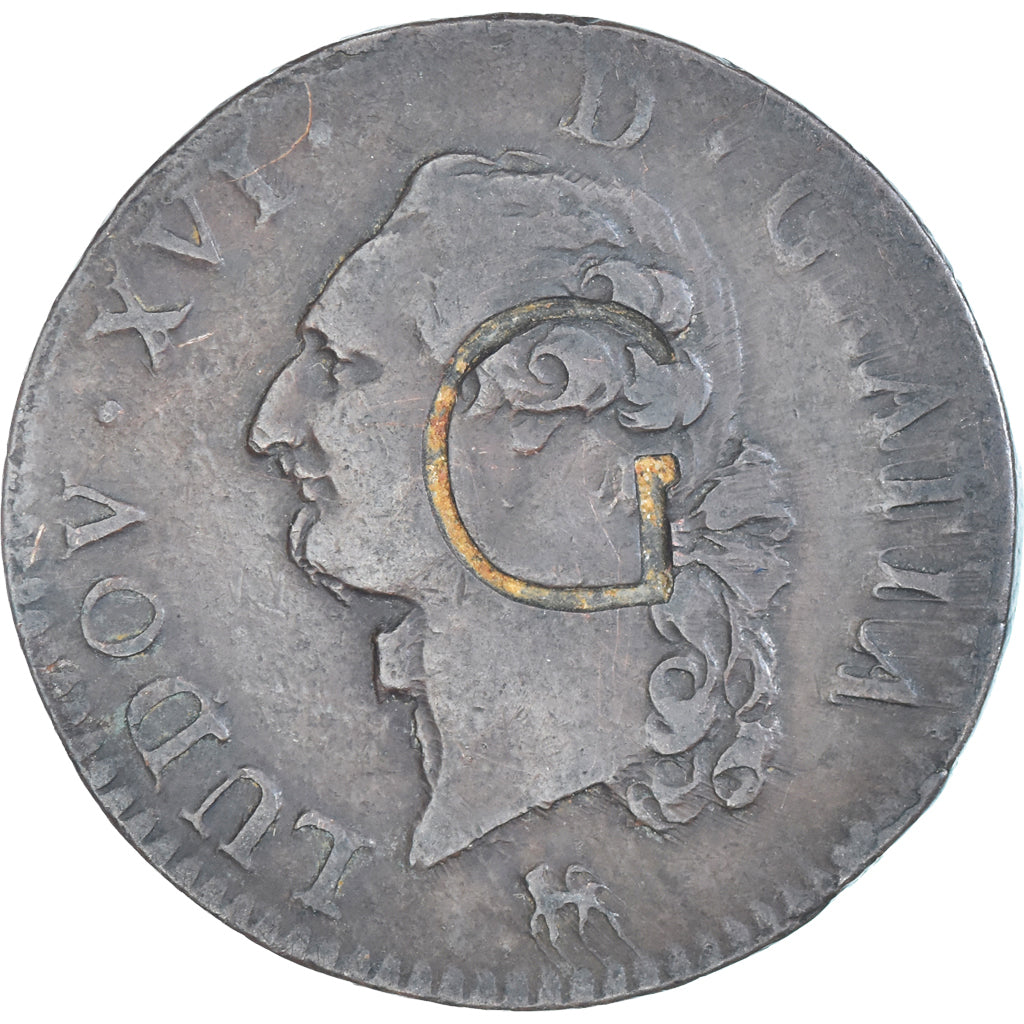 Moeda, França, Louis XVI, Sol, 1791, Paris, Countermarked, EF(40-45), Cobre
