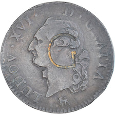 Moeda, França, Louis XVI, Sol, 1791, Paris, Countermarked, EF(40-45), Cobre