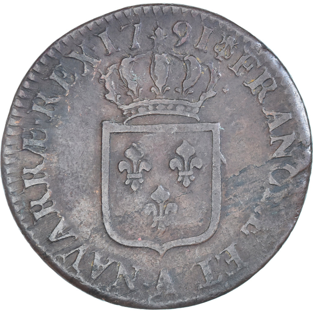 Moeda, França, Louis XVI, Sol, 1791, Paris, Countermarked, EF(40-45), Cobre