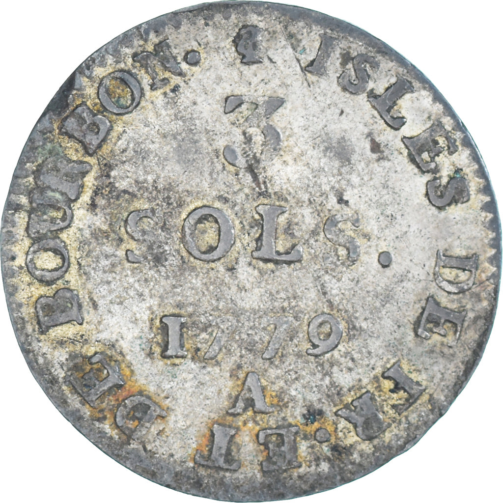 Monnaie, ISLE DE BOURBON, Louis XVI, 3 Sous, 1779, TTB, Billon, KM:1