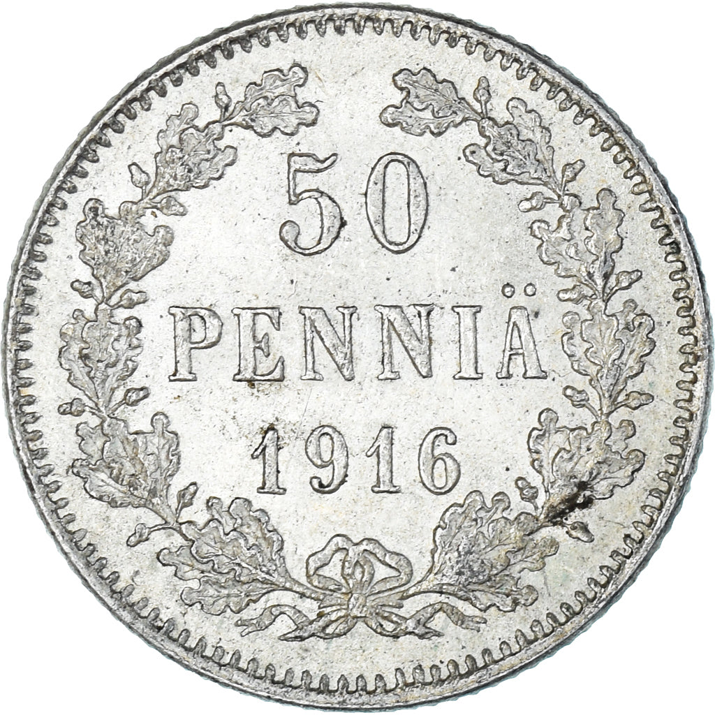 Moneda, Finlandia, Nicholas II, 50 Penniä, 1916, Helsinki, EBC, Plata, KM:2.2
