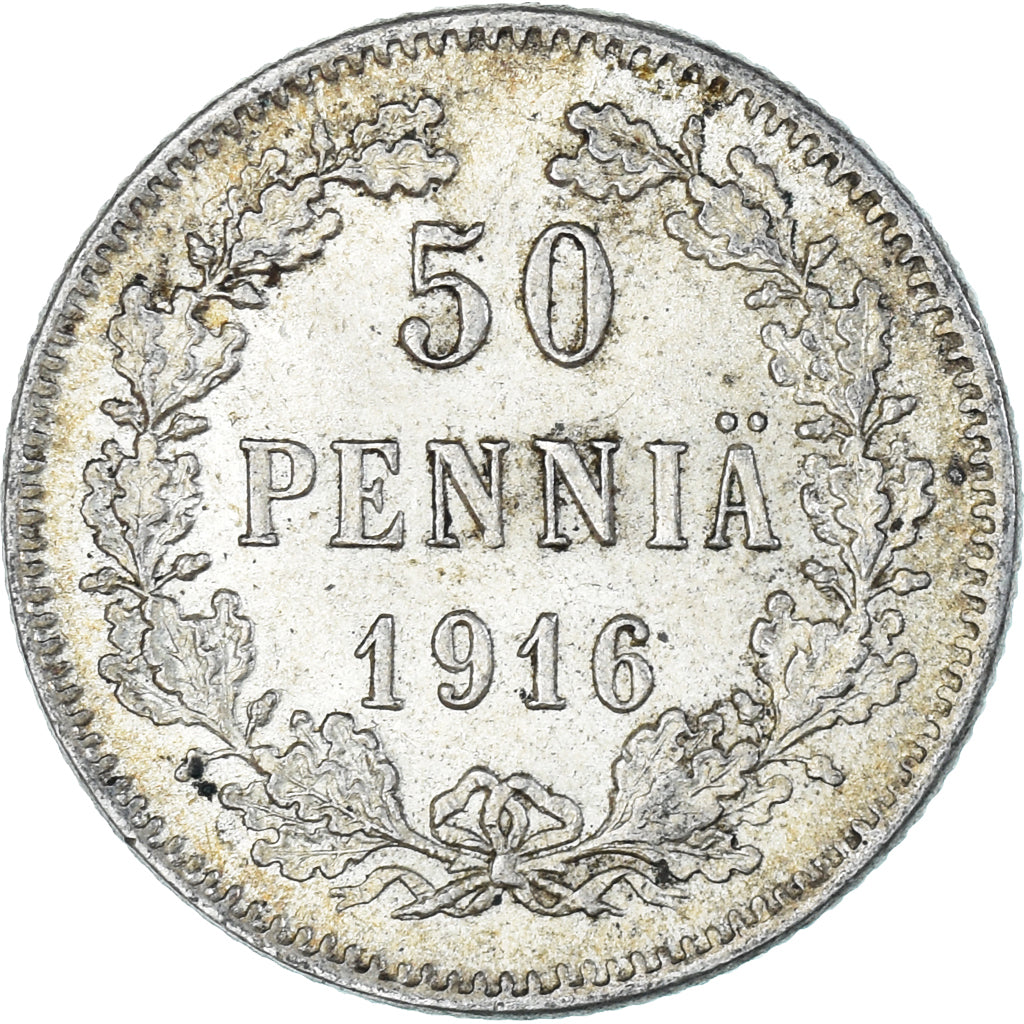 Moeda, Finlândia, Nicholas II, 50 Penniä, 1916, Helsinki, AU(55-58), Prata