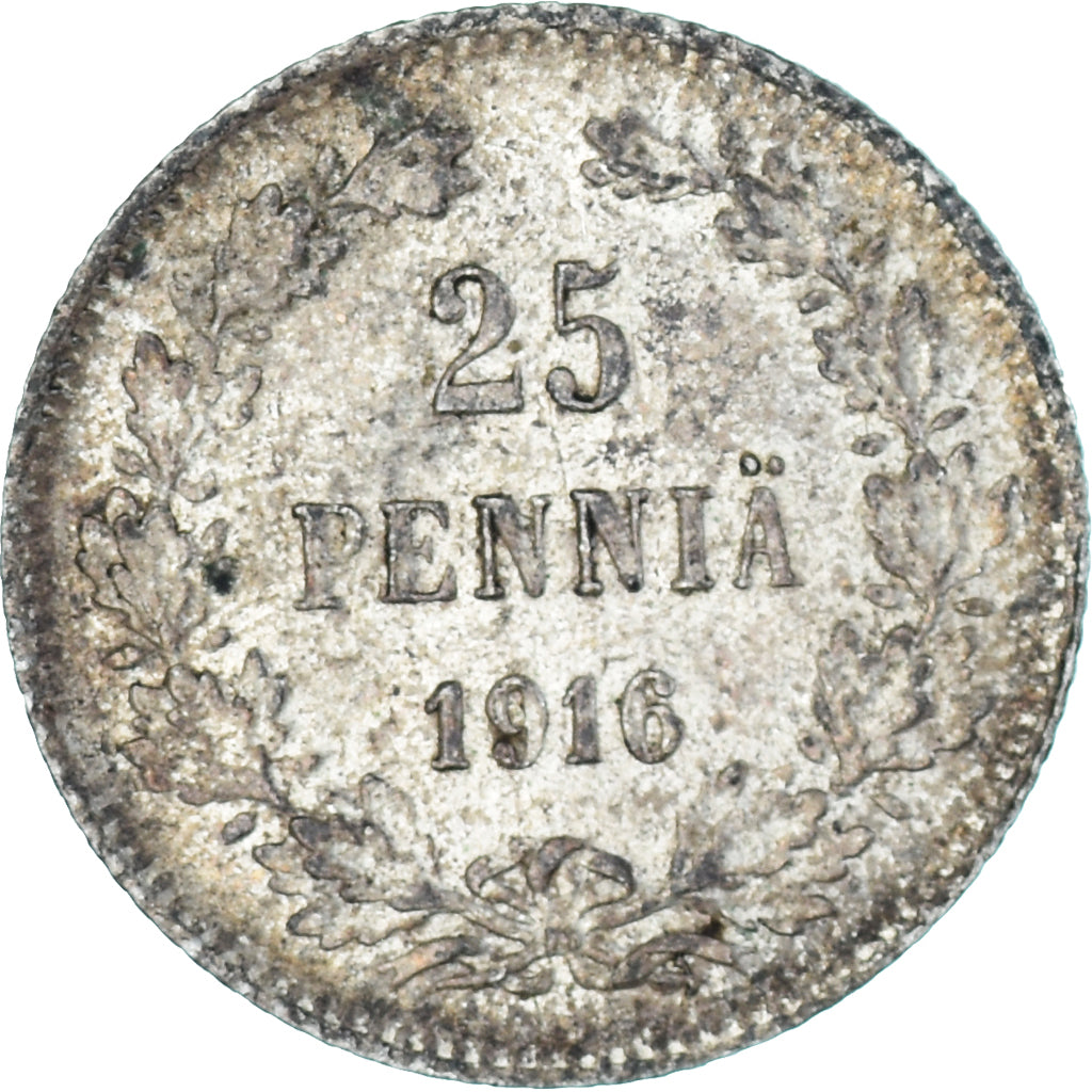 Moneda, Finlandia, Nicholas II, 25 Penniä, 1916, Helsinki, EBC, Plata, KM:6.2