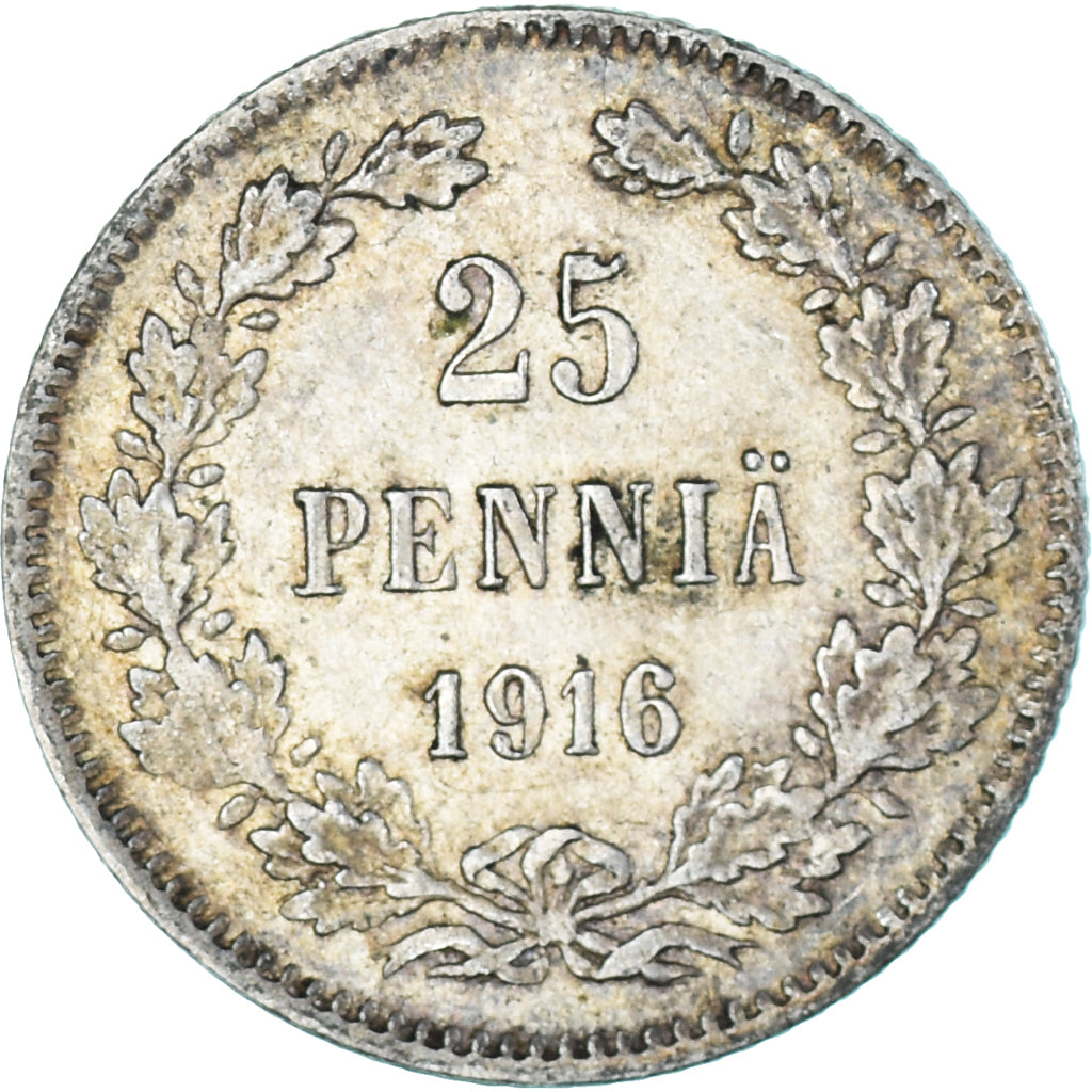 Moneda, Finlandia, Nicholas II, 25 Penniä, 1916, Helsinki, EBC, Plata, KM:6.2