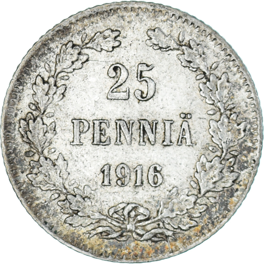 Moneda, Finlandia, Nicholas II, 25 Penniä, 1916, Helsinki, EBC, Plata, KM:6.2