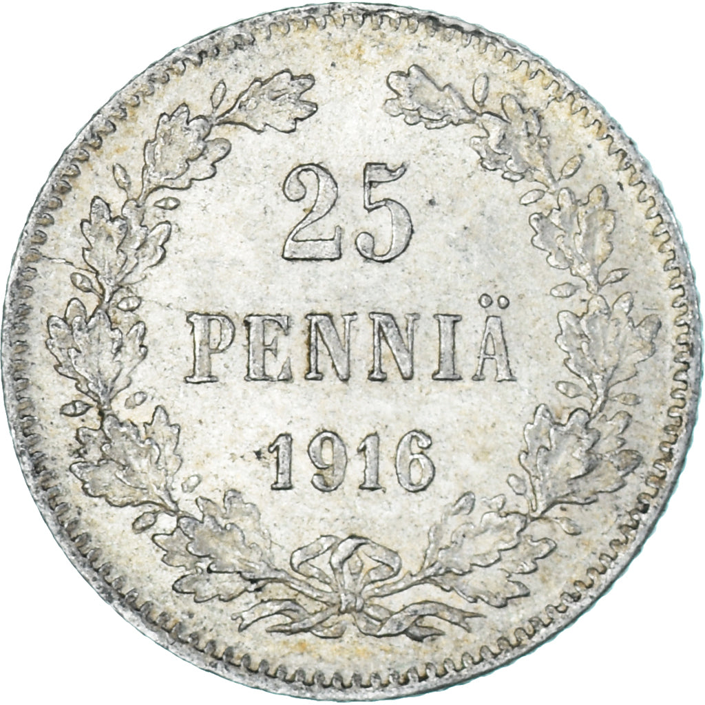 Moneda, Finlandia, Nicholas II, 25 Penniä, 1916, Helsinki, EBC, Plata, KM:6.2