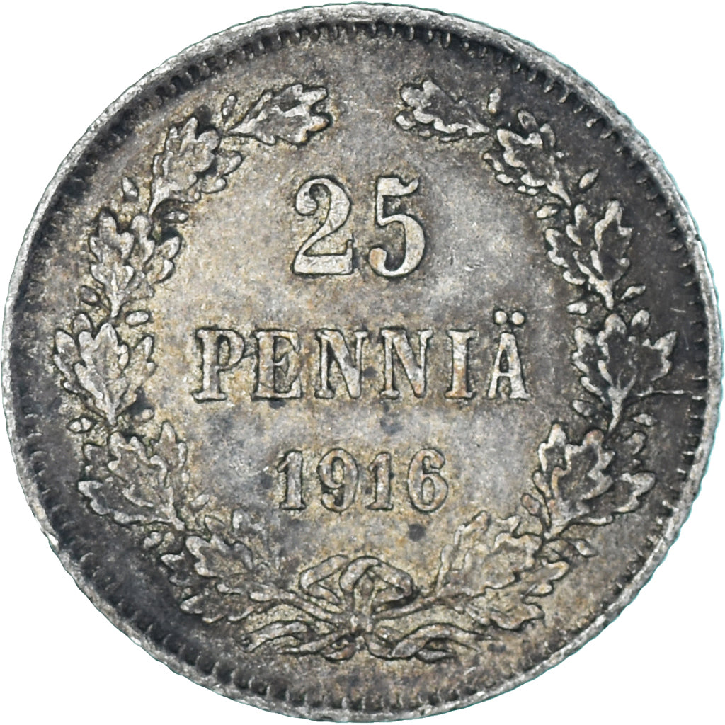 Moneda, Finlandia, Nicholas II, 25 Penniä, 1916, Helsinki, EBC, Plata, KM:6.2