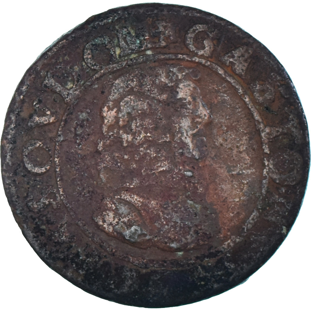 Moneda, Francia, Gaston d'Orléans, Double Tournois, 1639, BC+, Cobre