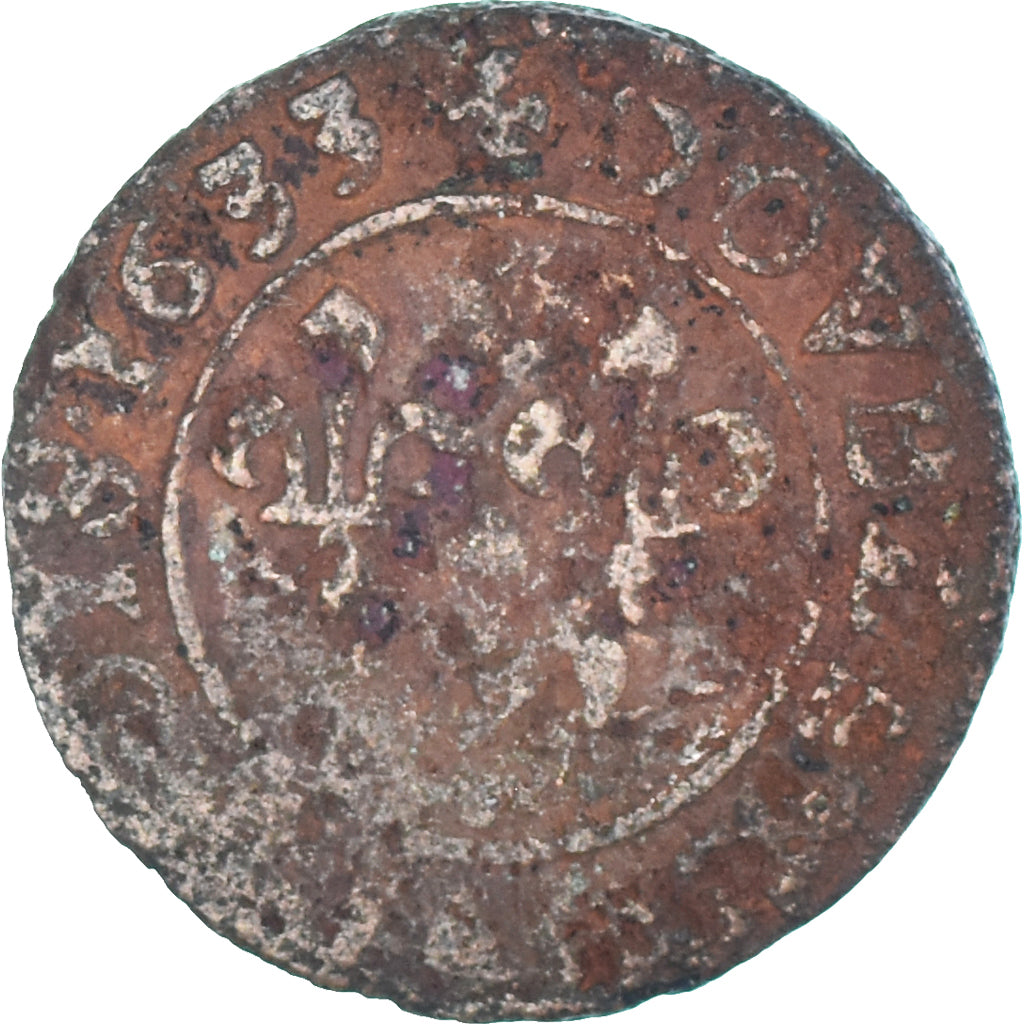 Munten, Frankrijk, Louis XIII, Double Tournois, 1633, Lyon, ZG+, Koper